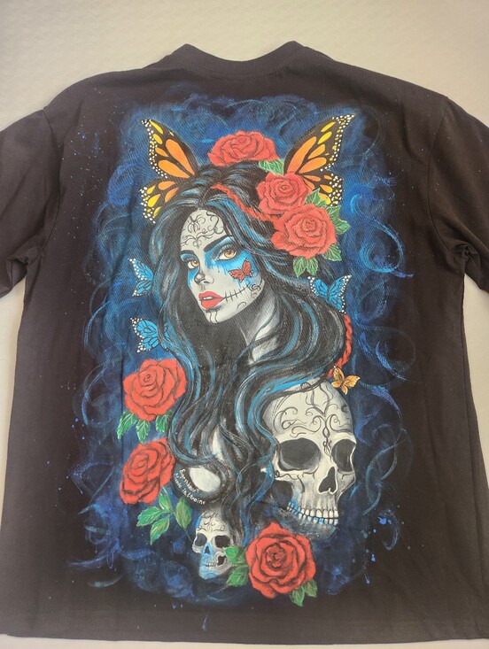 Handmade Tops - Halloween T-shirt M Black Cotton Handpainted Skull Rose Dead La Catrina Art New